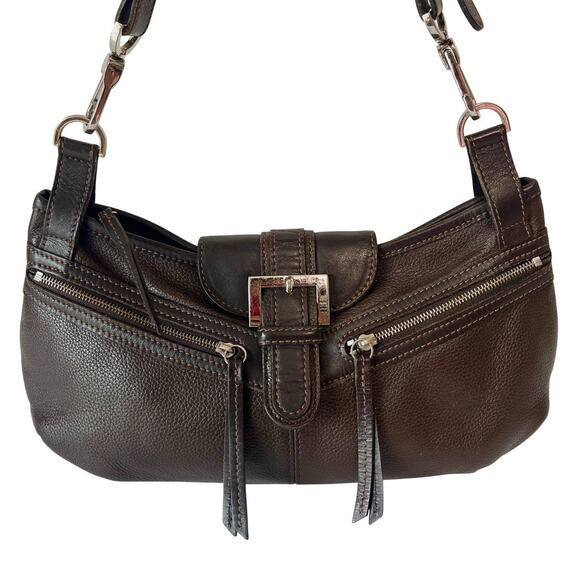 Longchamp Loft Brown Leather Hobo Shoulder Bag Diagonal Zip Buckle Y2K Vintage - Picture 1 of 9